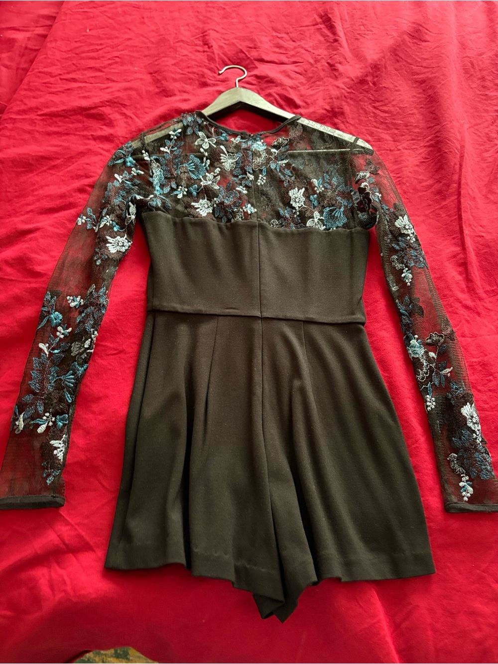 Black Long-Sleeve Lace Yoke Romper - Elegant Women's Dress